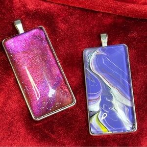 Fluid Art, Acrylic Hand Paint Pendants, Abstract, Glass cabochon 2 In Set 1876
